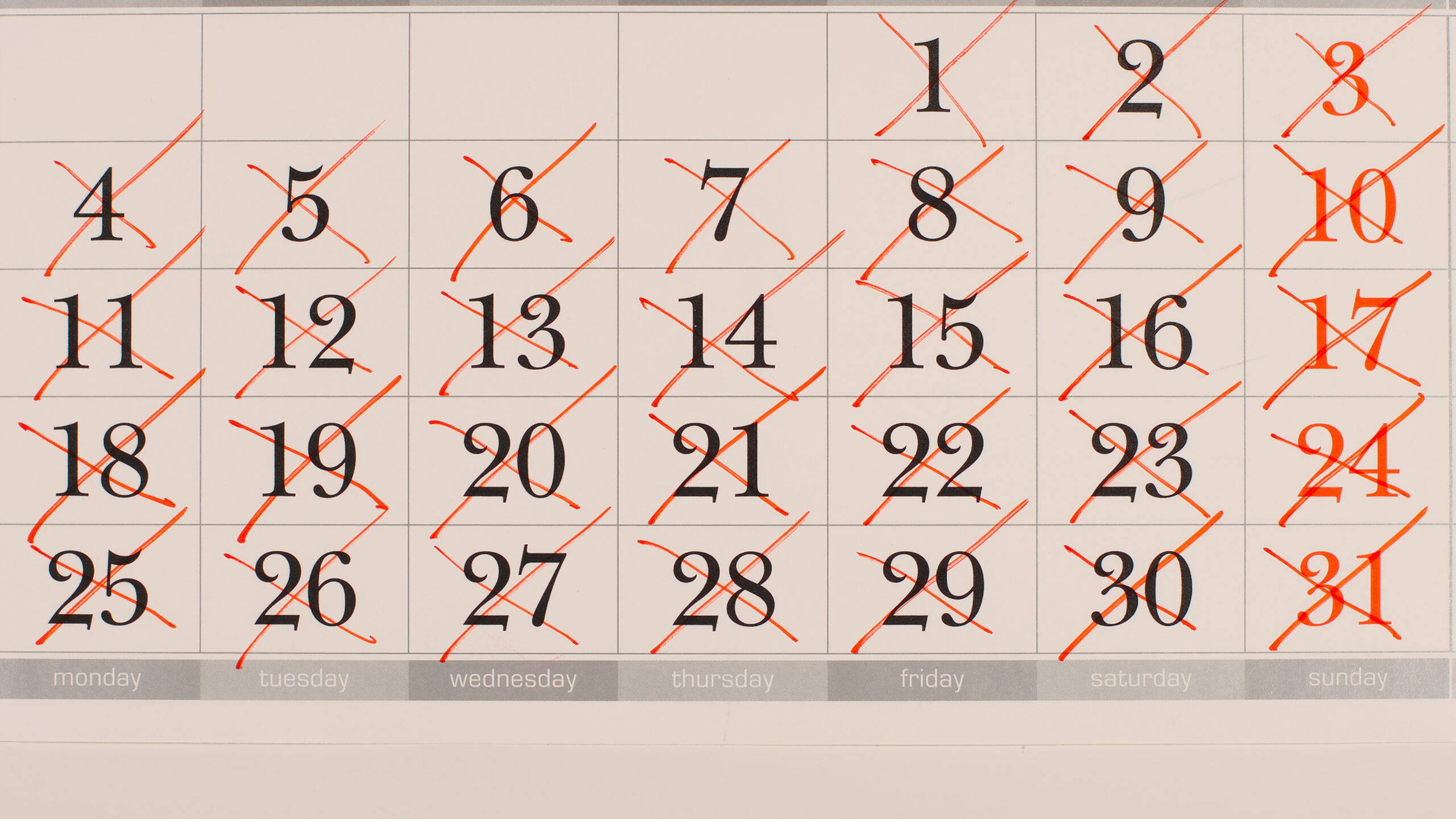 TOP VIEW: All crossed out numbers in a Calendar